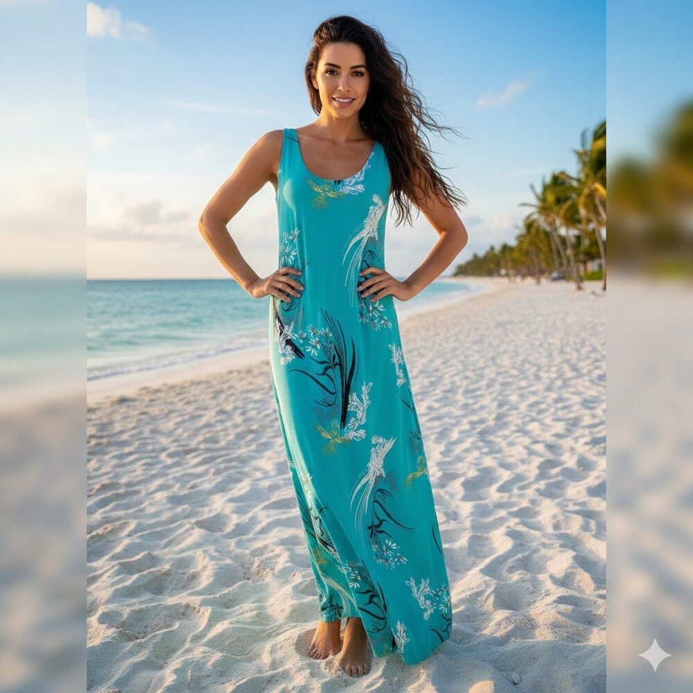 Joan Vass NWT soft jersey knit teal blue floral sleeveless maxi dress, M